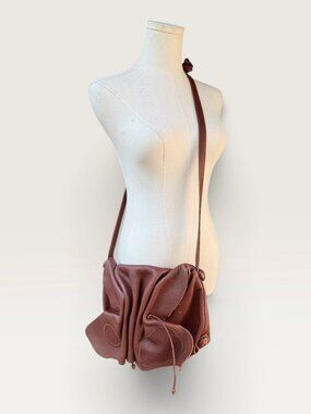 Vintage Carlos Falchi Buffalo Leather Butterfly Drawstring Bag Slouchy Brown